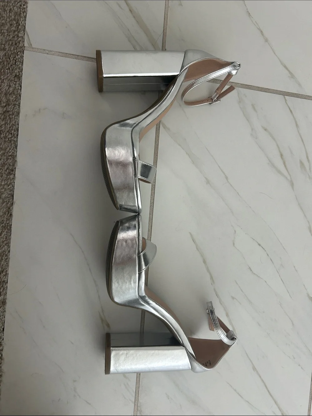 Lulu's Silver Metallic Block Heel Sandals with Ankle Strap